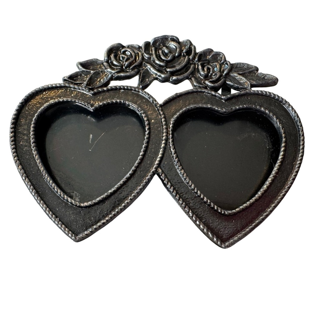 Vintage Double Heart Photo Frame Brooch Pewter-Look Metal Rose Pin‎